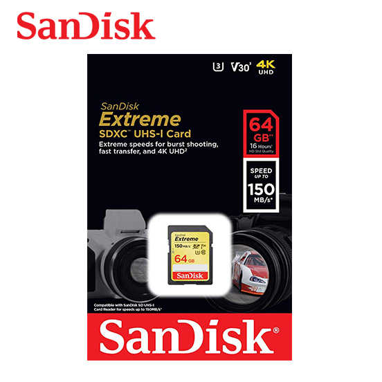 SANDISK 64G V30 Extreme SD UHS-I U3 速度高達 150MB /s 相機專用記憶卡