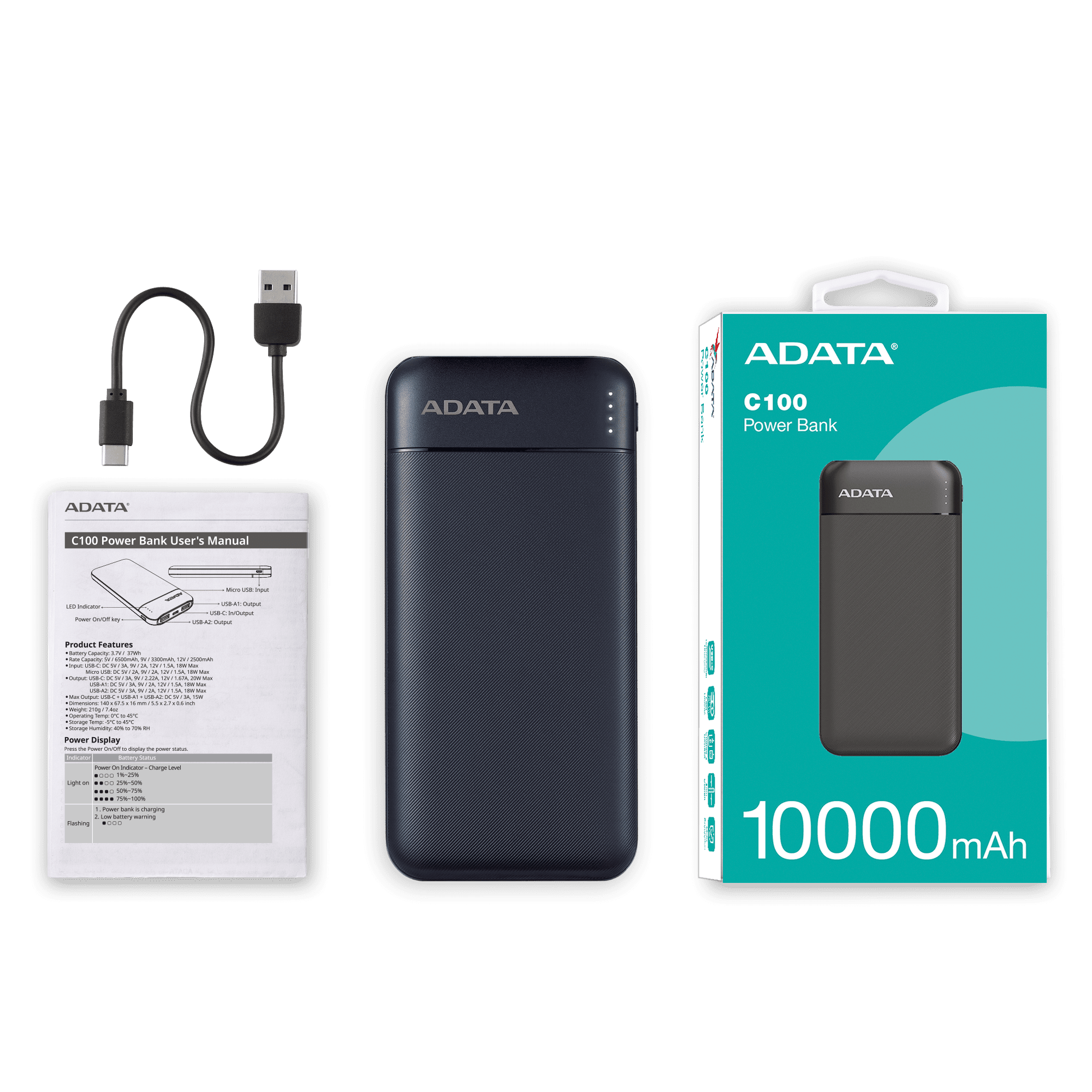 ADATA 威剛 C100 10000mAh 20W PD/QC 3孔 輕薄極速Type-C雙向快充行動電源