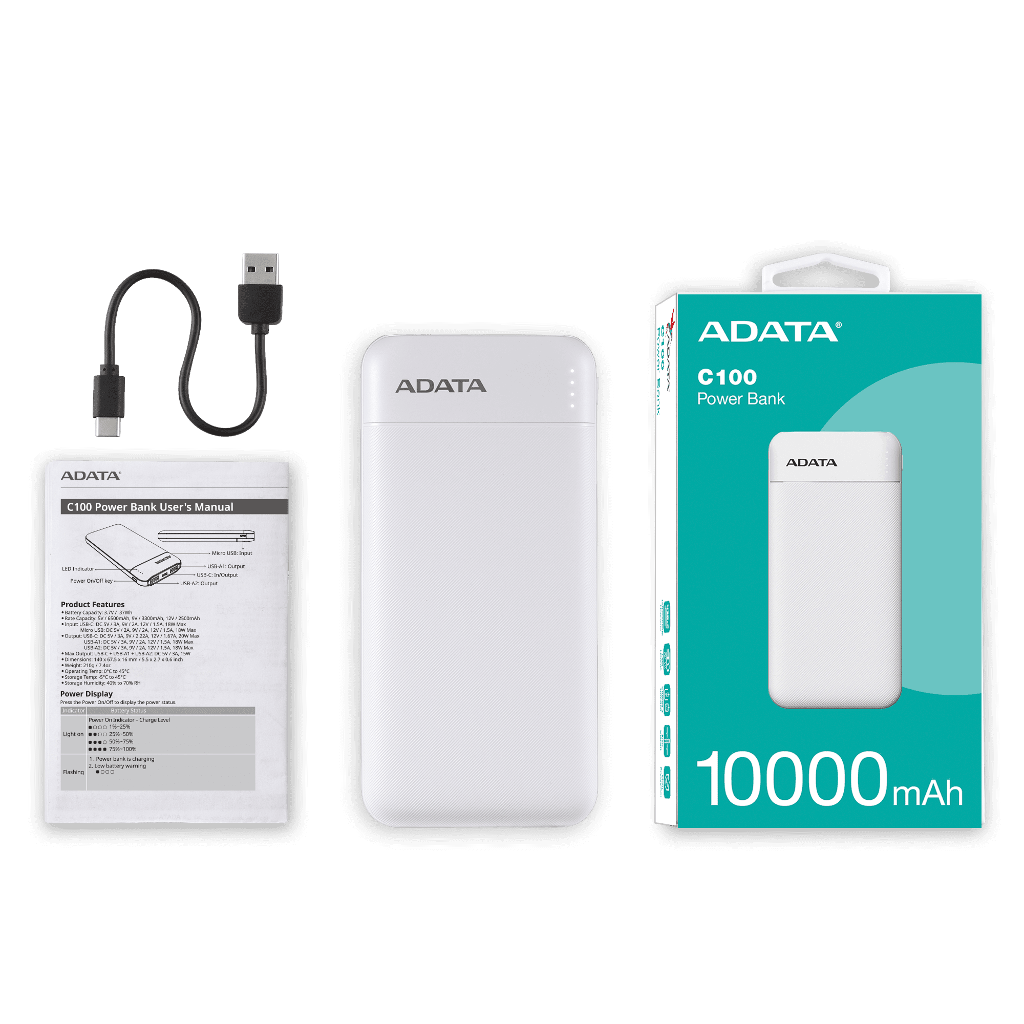 ADATA 威剛 C100 10000mAh 20W PD/QC 3孔 輕薄極速Type-C雙向快充行動電源