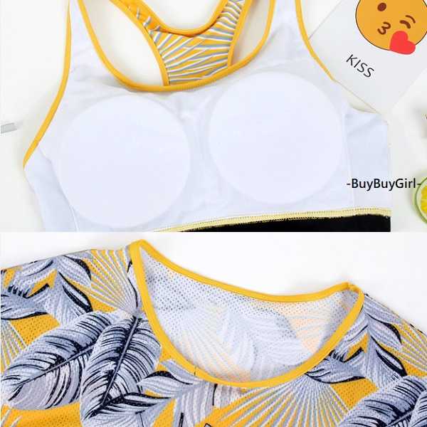 (大碼)韓版運動風泳裝3件式 ❤ 黃色森林系>短袖T恤+小可愛+平口褲 (M-3XL)