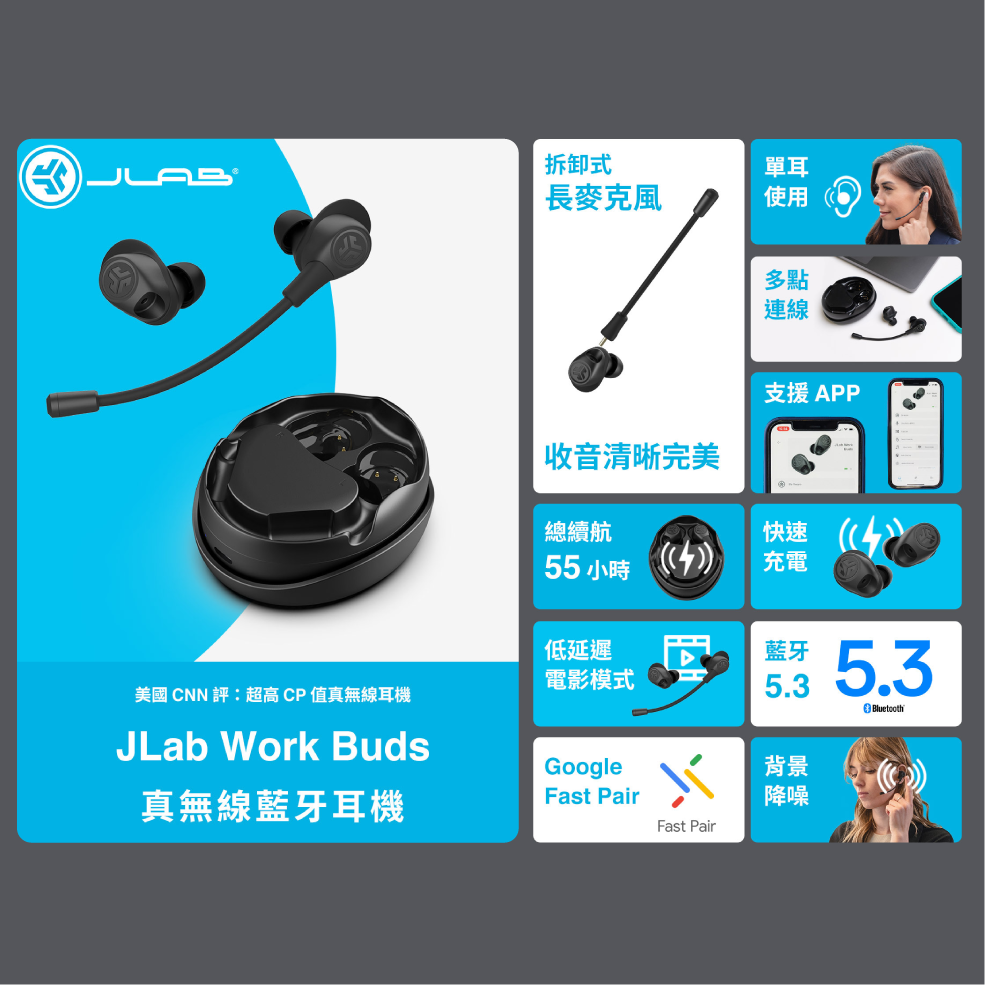 JLab Work Buds 多點連線 通話降噪 低延遲 商務會議 真無線藍牙耳機 | My Ear 耳機專門店