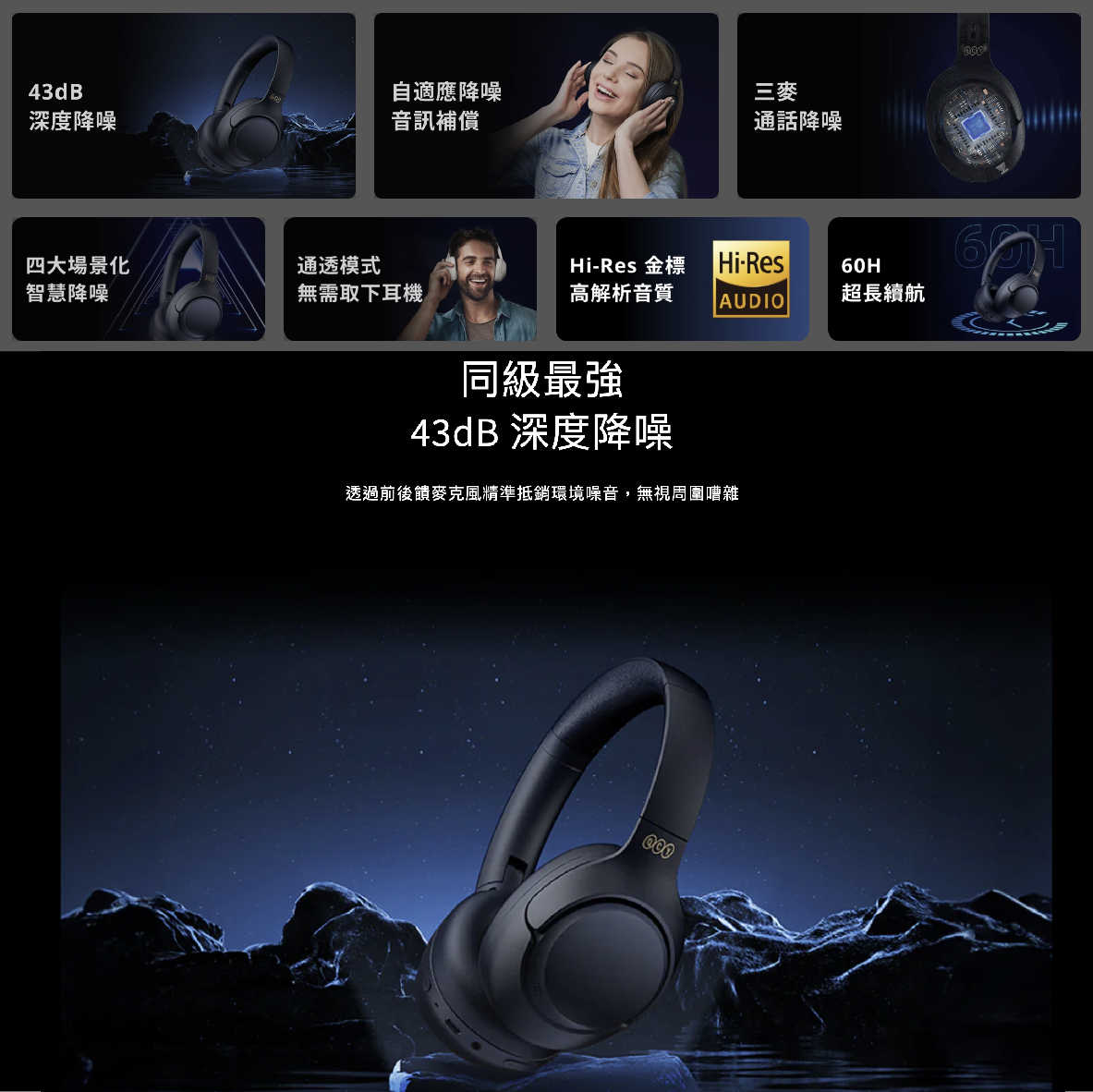 QCY H3 午夜黑 有線連接 通透模式 多點連線 60HR續航 降噪 藍牙 耳罩式 耳機 | My Ear 耳機專門店