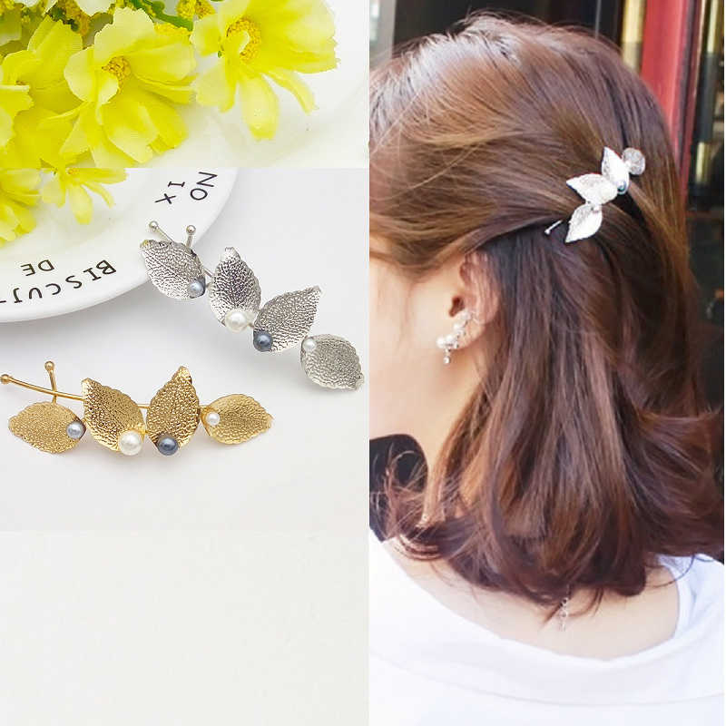 韓國ins網紅仙女金屬樹葉珍珠一字夾邊夾劉海夾扭扭夾  QS9-004
