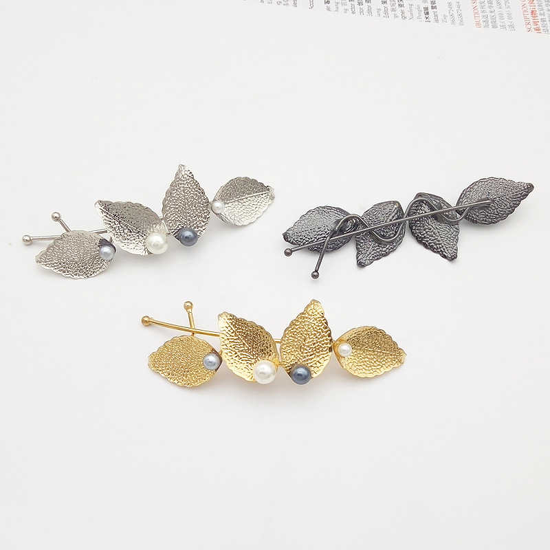 韓國ins網紅仙女金屬樹葉珍珠一字夾邊夾劉海夾扭扭夾  QS9-004