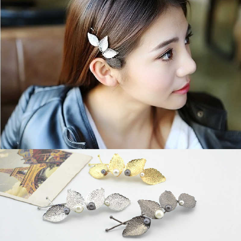 韓國ins網紅仙女金屬樹葉珍珠一字夾邊夾劉海夾扭扭夾  QS9-004