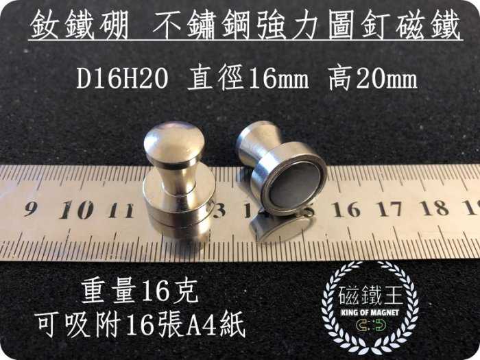 【磁鐵王 A0453】釹鐵硼 強磁 金屬圖釘磁鐵 吸鐵 強力磁鐵 D16H20 直徑16mm 高20mm 圖釘磁鐵