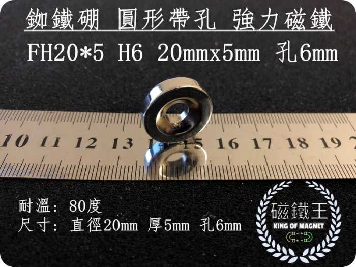【磁鐵王 A0424】釹鐵硼 強磁 圓形 帶孔 磁石 吸鐵 強力磁鐵 DH20*5 H6直徑20mm高5mm中孔6mm
