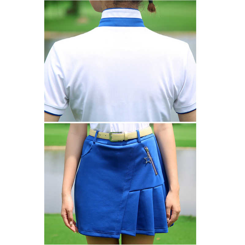POSMA 女裝 短袖 高爾夫球 比賽裝 立領 吸濕 排汗 白 藍  YF139BLU