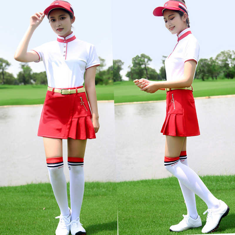 POSMA 女裝 短袖 高爾夫球 比賽裝 立領 吸濕 排汗 白 紅 YF139RED