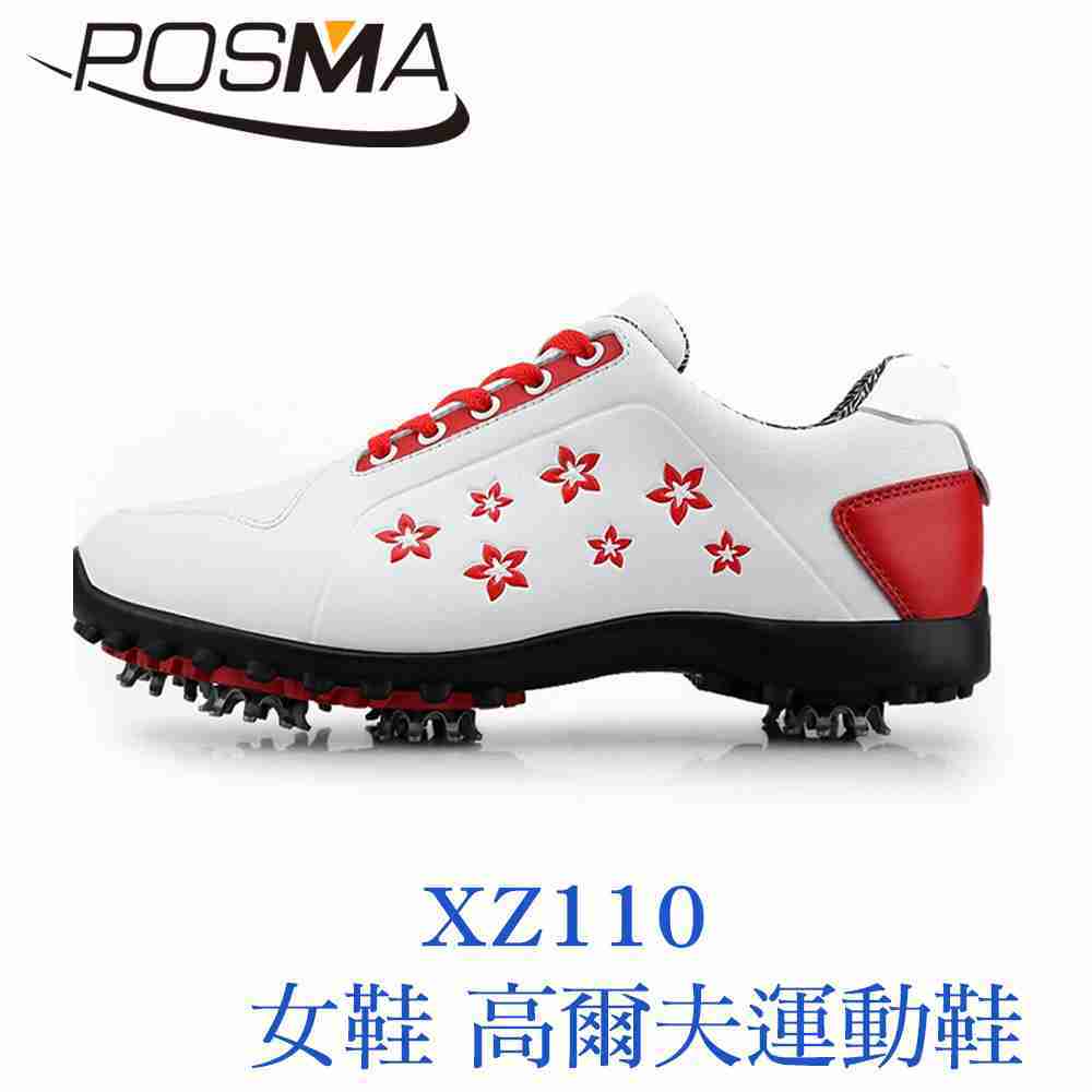 POSMA 女款 運動鞋 高爾夫鞋 膠底 耐磨 防滑 白 紅 XZ110WRED