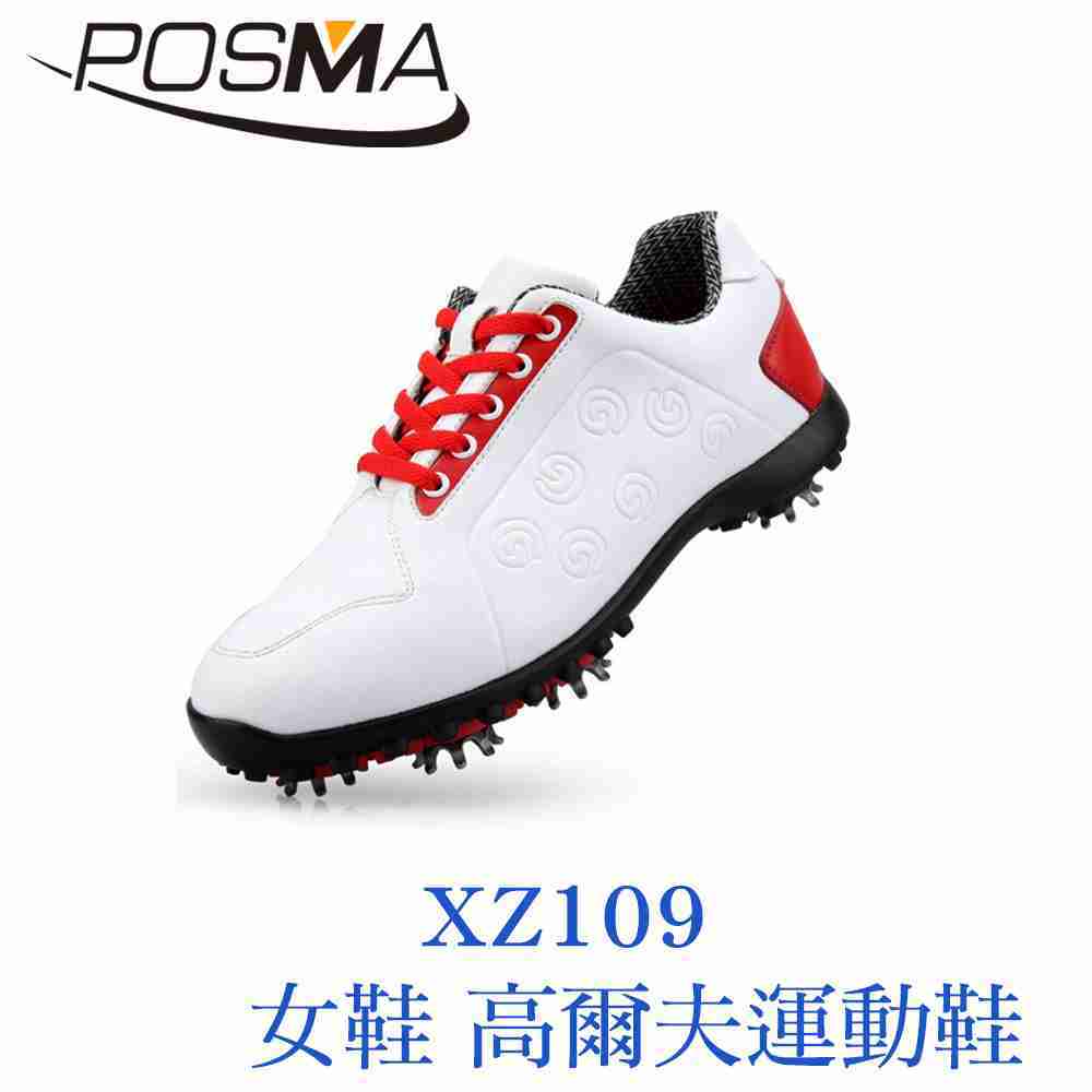 POSMA 女款 運動鞋 高爾夫鞋 膠底 耐磨 防滑 白 紅 XZ109WRED
