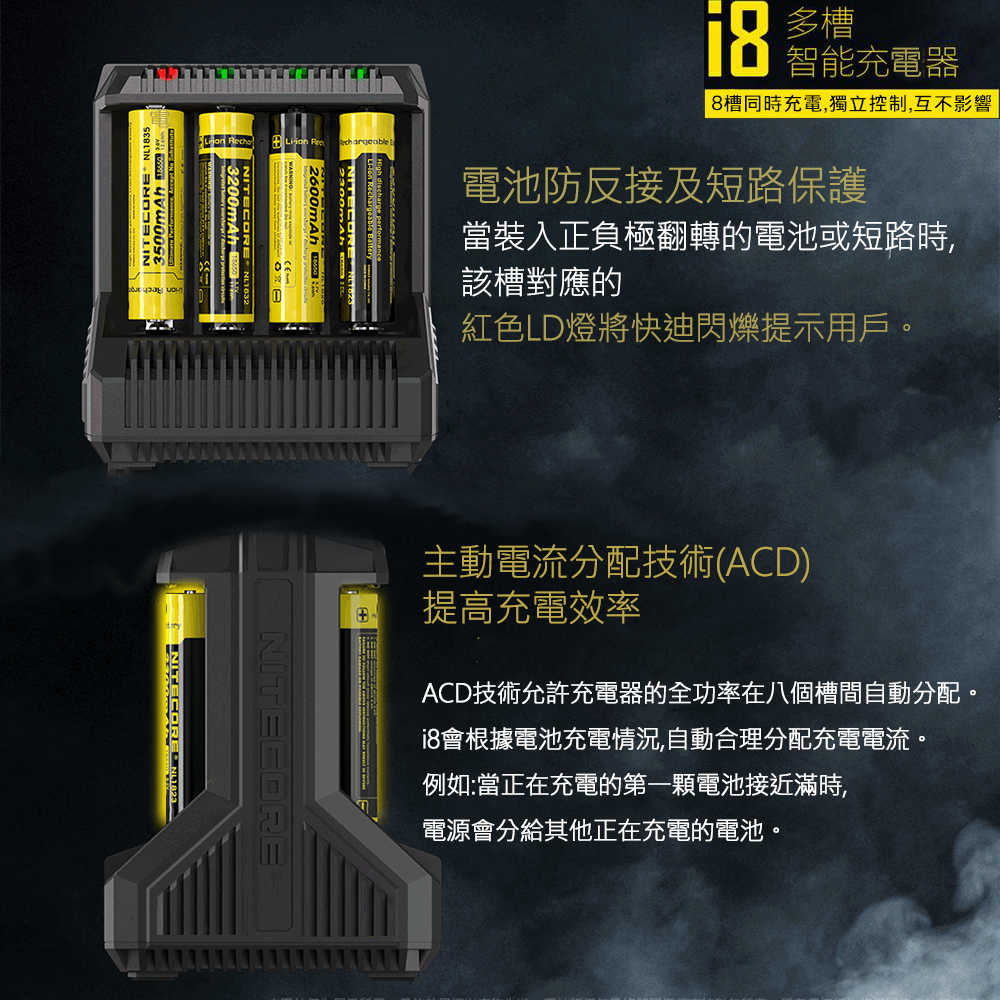 現貨供應 Nitecore i8 奈特科爾 大功率智能充電器 8槽 USB多槽快充 26650/18650 充電器