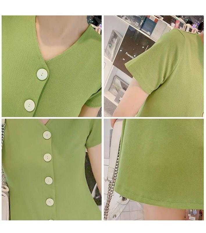 網紅單排扣V領短袖連衣裙純色修身A字短裙洋裝(黑/綠/黃)