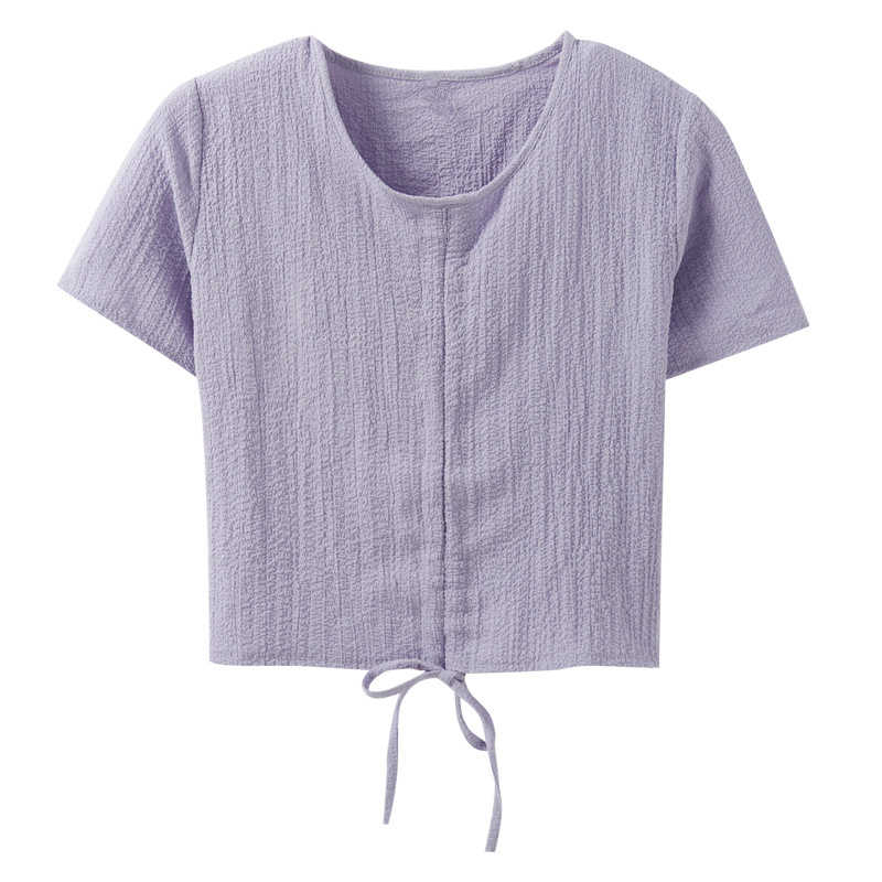 泡泡麻V領顯瘦短款抽繩上衣設計感小眾短袖襯衫(黑/白/紫)