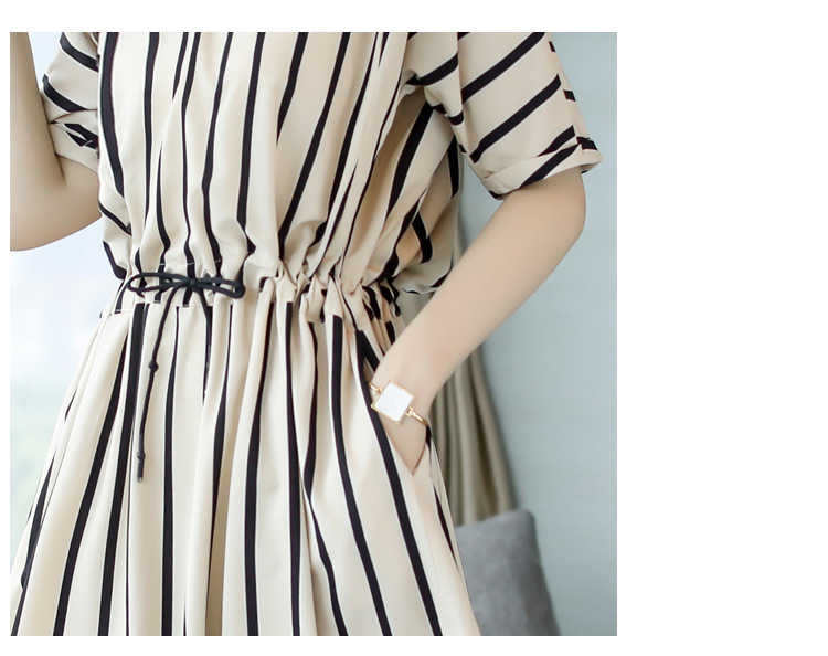 夏季短袖氣質條紋連衣裙原宿風寬鬆直筒鬆緊腰中長裙 洋裝(黑/白)