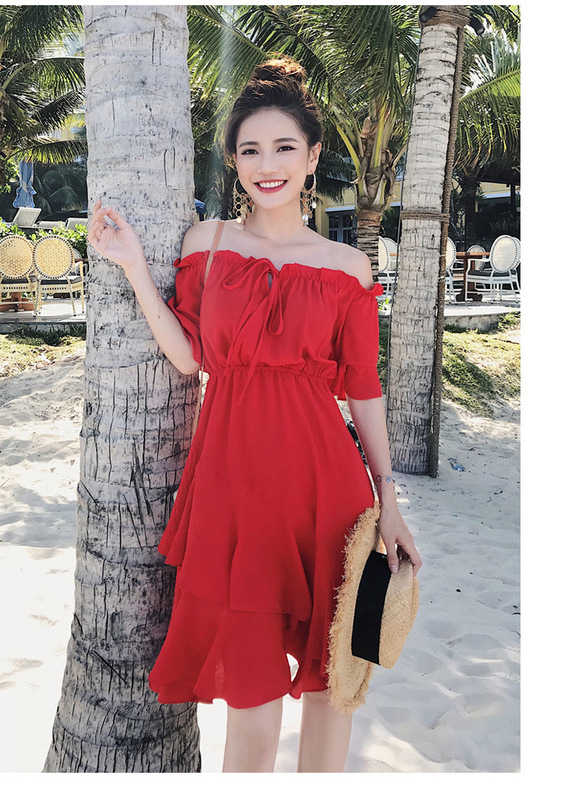 法式維多利亞復古仙女沙灘裙子雪紡一字肩連衣裙(黃/紅/黑)