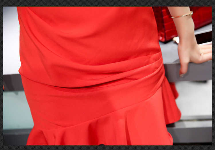 圓領紅色包臀連衣裙荷葉袖顯瘦氣質小禮服魚尾裙洋裝(黑/紅)