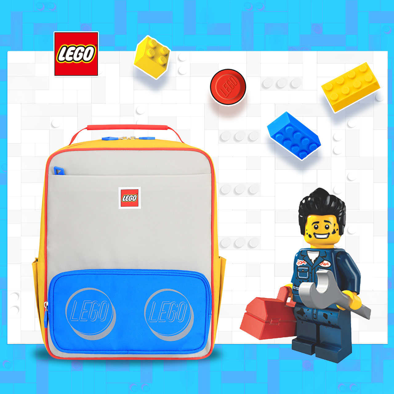 LEGO丹麥樂高經典中背包-藍灰黃撞色 20134-1950