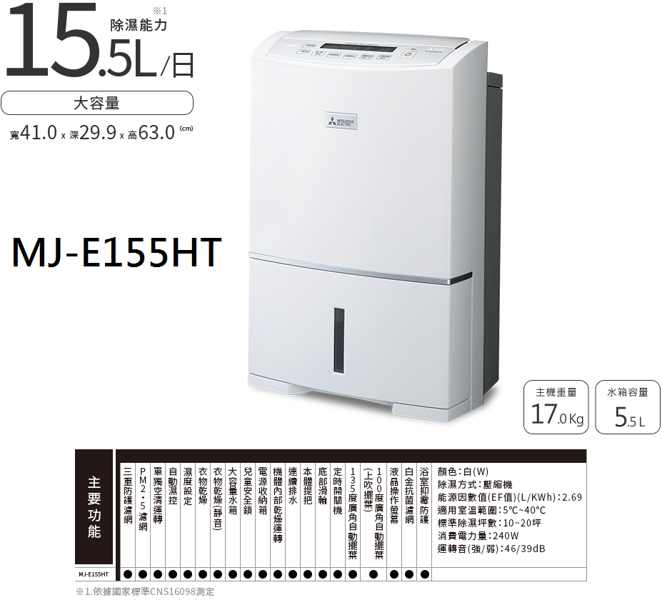 三菱15.5L高效除濕型除濕機 MJ-E155HT MJ-E155HT-TW