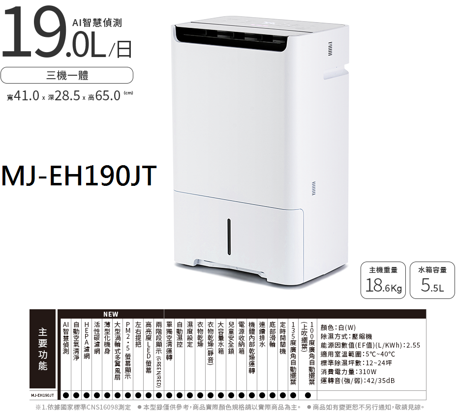 三菱19L空氣清淨除濕機 MJ-EH190JT MJ-EH190JT-TW