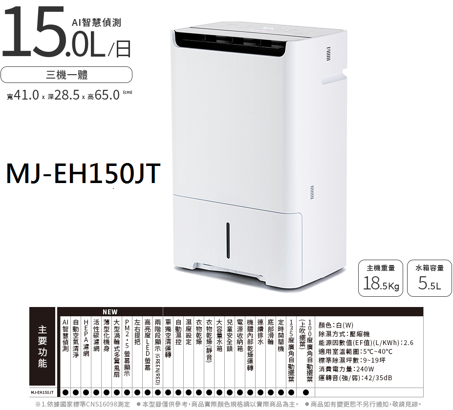 三菱15L空氣清淨除濕機 MJ-EH150JT MJ-EH150JT-TW