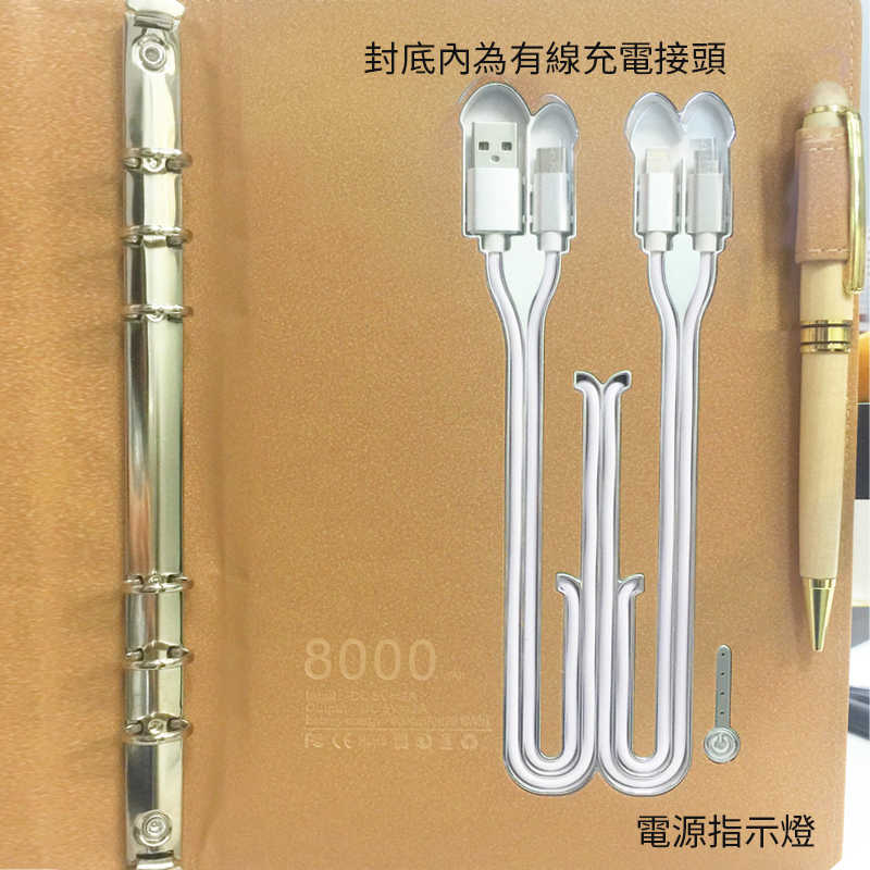 無線充電 炫光商務記事本8000mAh +三頭獨立充電線_Type-C_ lightning_micro USB_藍紋