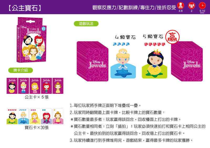 公主寶石 迪士尼DISNEY 益智卡牌 公主系列 繁體中文版 4歲以上 高雄龐奇桌遊