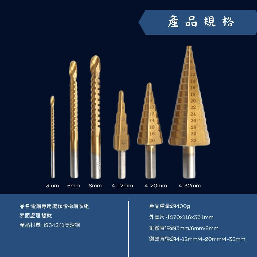 Komori森森機具】電鑽專用HSS 鍍鈦階梯鑽頭6件組三角柄直槽階梯