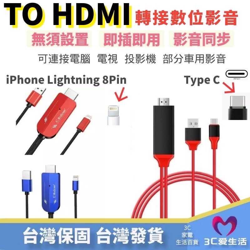 HDMI 即插即用 IPHONE 安卓 android 通用 手機轉hdmi 電視 高清線 車用 視頻線【保固一年】