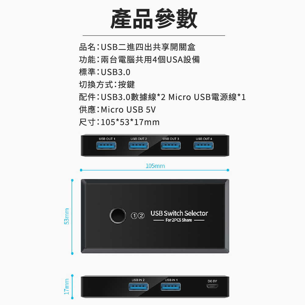 【Komori 森森機具】兩台電腦共用USB設備 USB3.0 共享器 USB二進四出共享器 多接口分線器 USB切換器