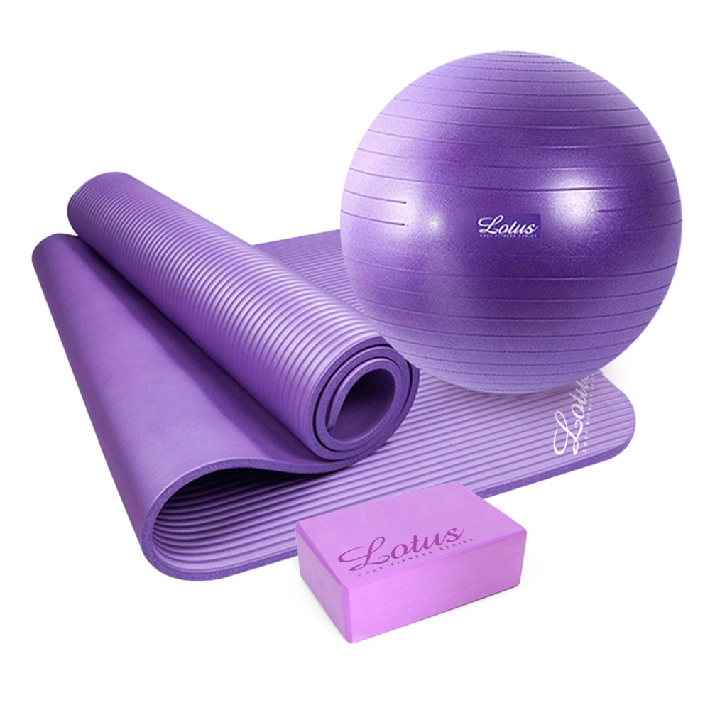 【LOTUS】瑜珈系列-超值三件組 瑜珈磚+瑜珈墊+瑜珈球 純淨紫 紫色瑜珈球+紫色瑜珈磚