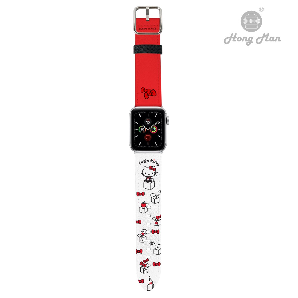 【Hong Man】三麗鷗 系列 Apple Watch 皮革 錶帶 Hello Kitty 銀 凱蒂貓42~44mm