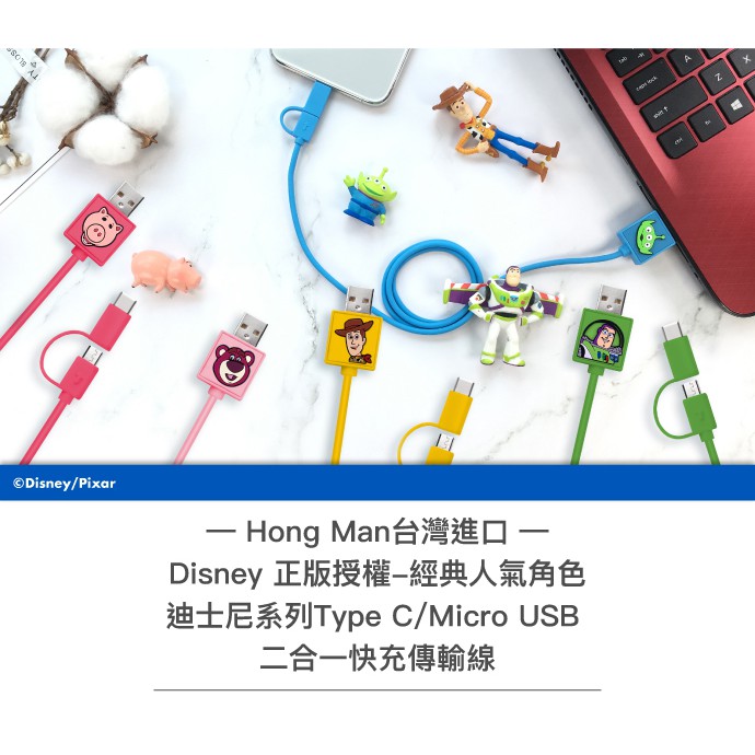 Disney 迪士尼系列 Type C / Micro USB 二合一快充傳輸線 玩具總動員 熊抱哥