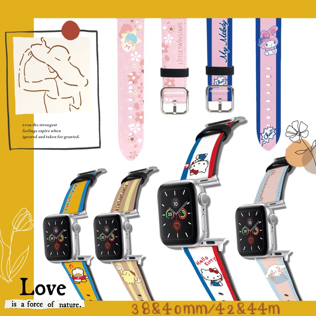 【Hong Man】三麗鷗 系列 Apple Watch 皮革錶帶 雙子星_銀 38-40mm