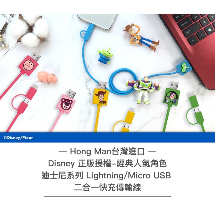 Disney 迪士尼系列 Lightning / Micro USB 二合一快充傳輸線 玩具總動員 火腿豬