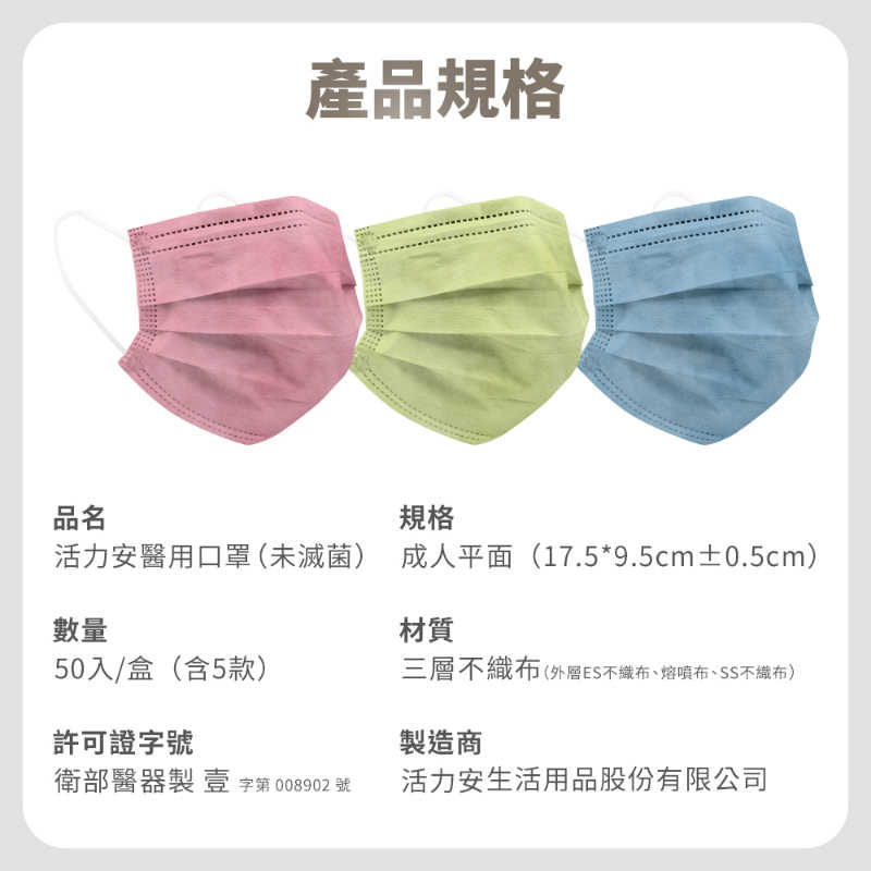 活力安 醫用口罩 成人口罩 莫蘭迪色 口罩 平面醫用口罩 5色 一盒50入