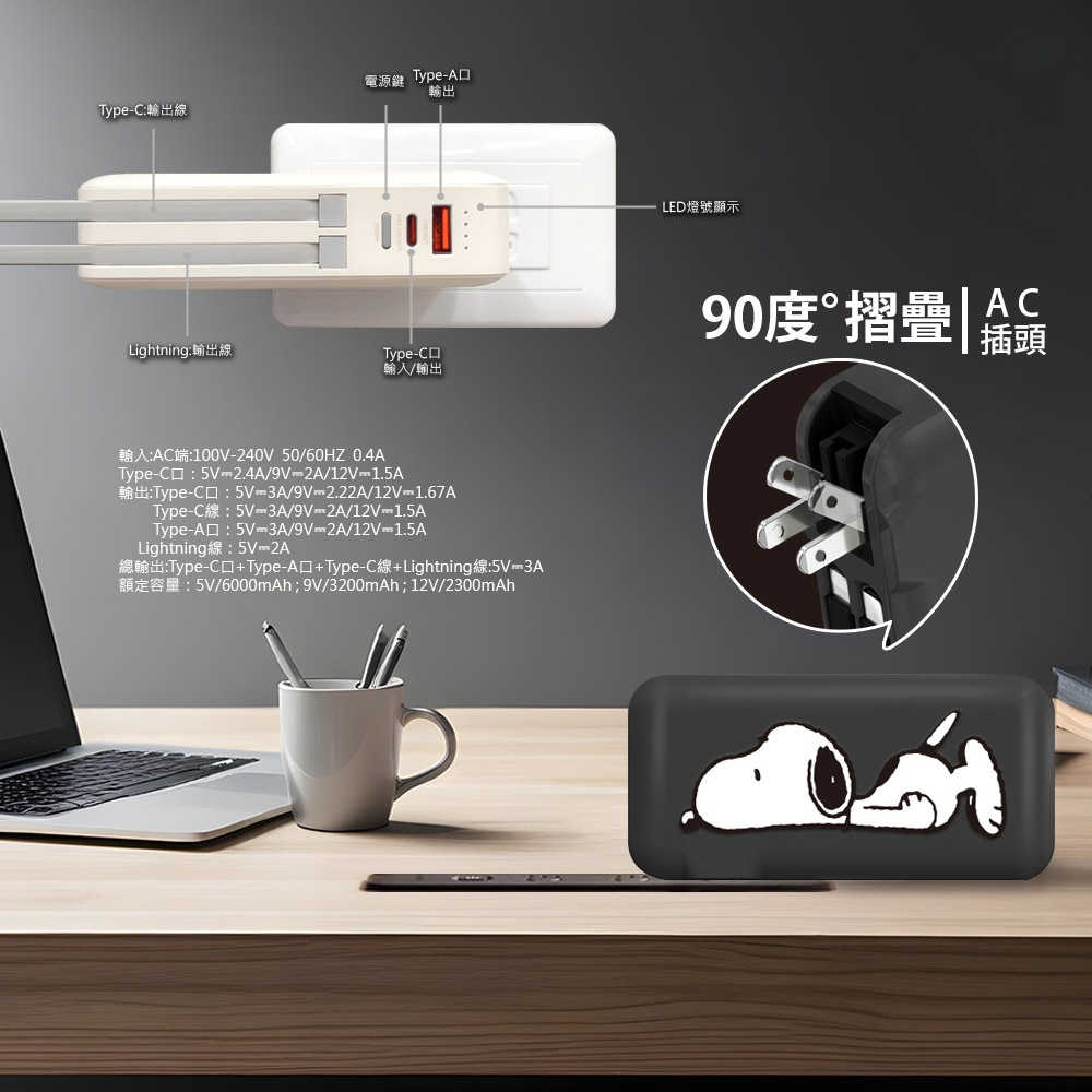 【SNOOPY史努比】12000mAh 萬國充自帶線行動電源(附萬國插頭組/CL雙線/AC插頭)