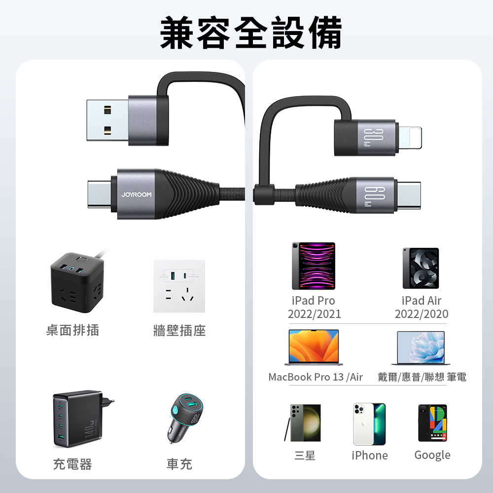 【JOYROOM】60W 四合一 USB/Type-C/Lightning 120cm快充充電線(SA37-2T2)