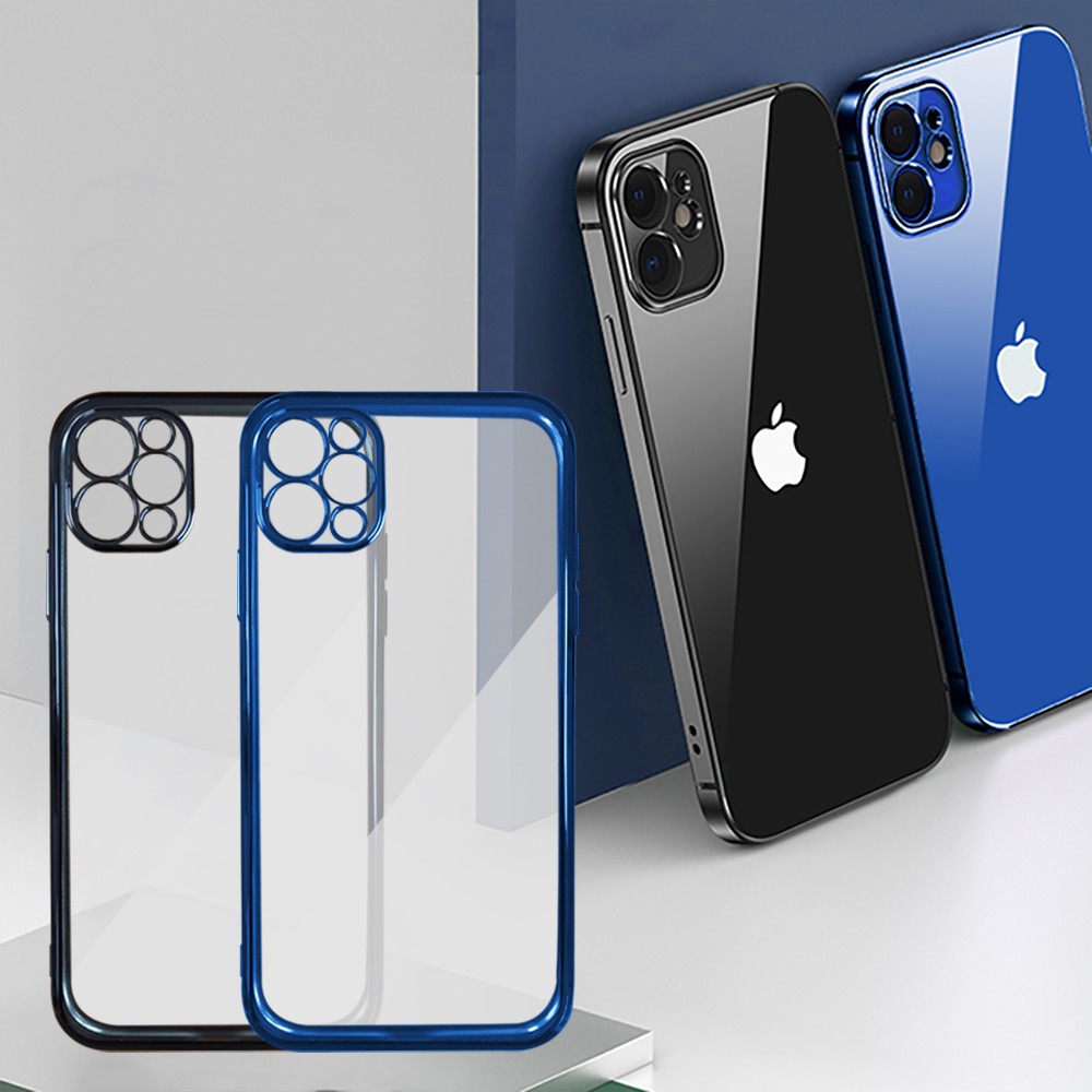 iPhone 12直邊金屬質感邊框 鏡頭全包矽膠手機保護殼套 藍色