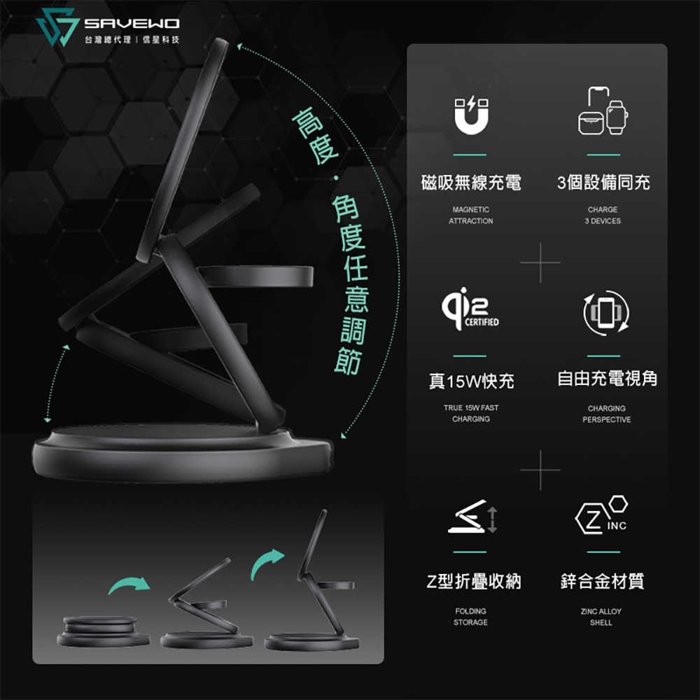 【SAVEWO 救世】Qi2 三合一摺疊旋轉磁吸充電座(Magsafe/快充/充電支架)