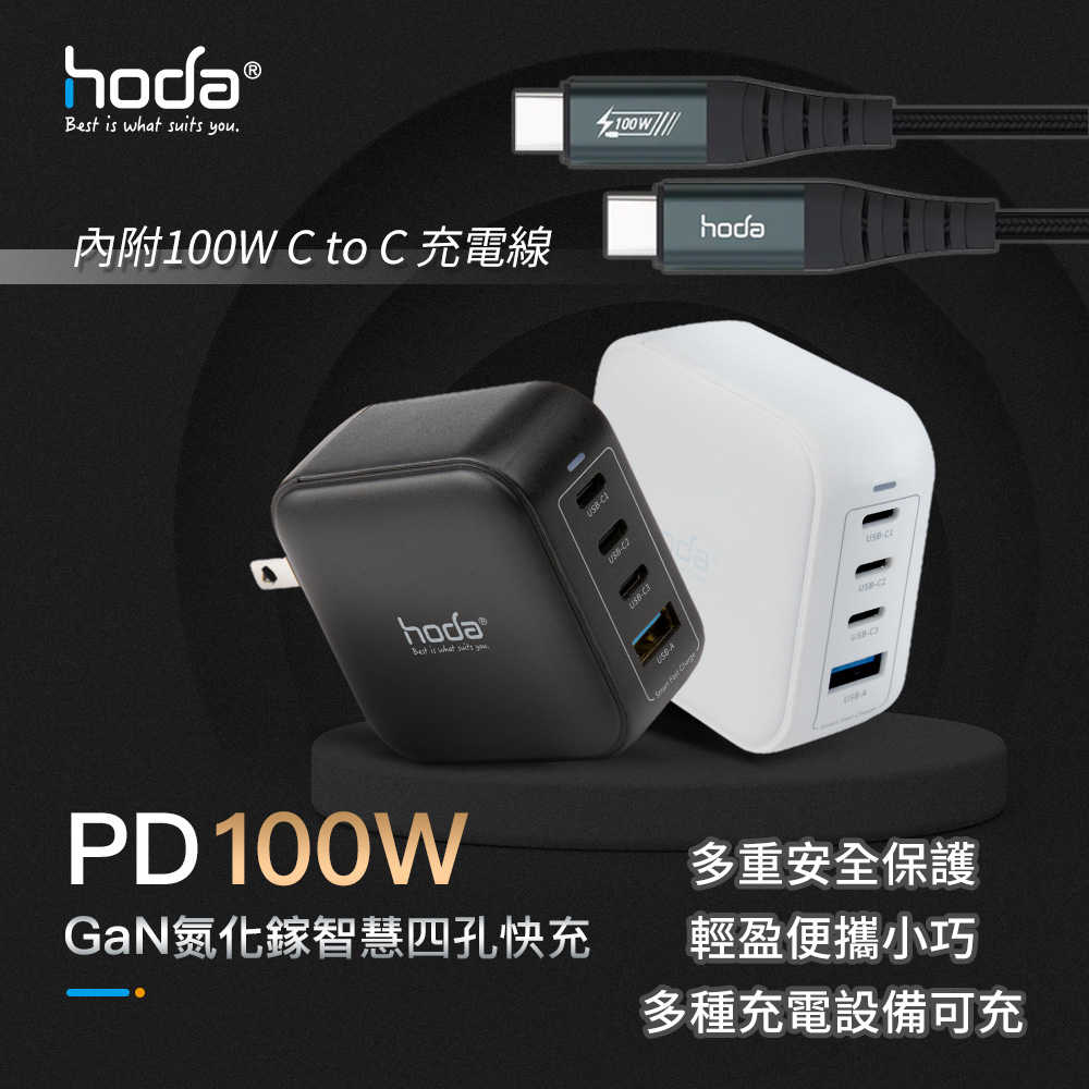 hoda 100W GaN氮化鎵智慧方型四孔電源供應器 內附100W C to C充電線