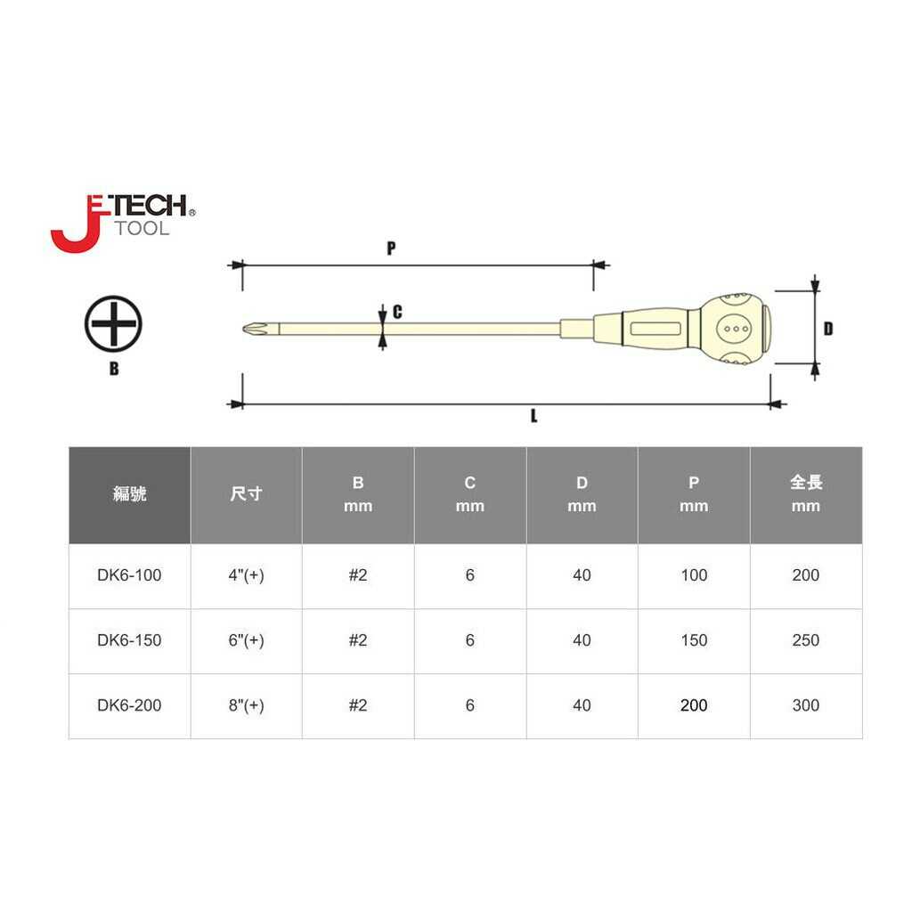 【JETECH】電工起子 十字型 8\" 6×200㎜-GA-DK6-200(+)-930 高強度鉻釩鎳鋼刀桿