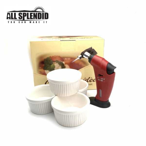 【All Splendid】法式烤布蕾 噴槍陶瓷杯禮盒組 (紅色小海豚造型噴槍) 廚房用具/布丁杯*4