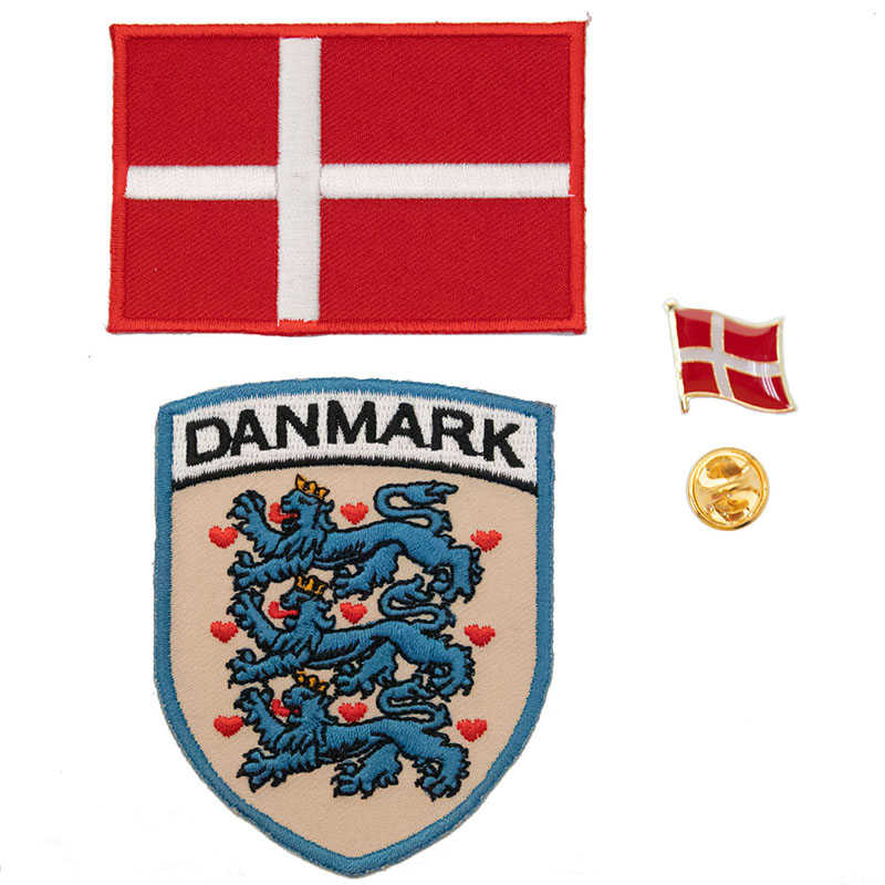 地標背膠刺繡貼 三件組Danmark獅子地標+ 丹麥國旗刺繡 ＋丹麥別針 DIY補丁 熨斗布標燙貼