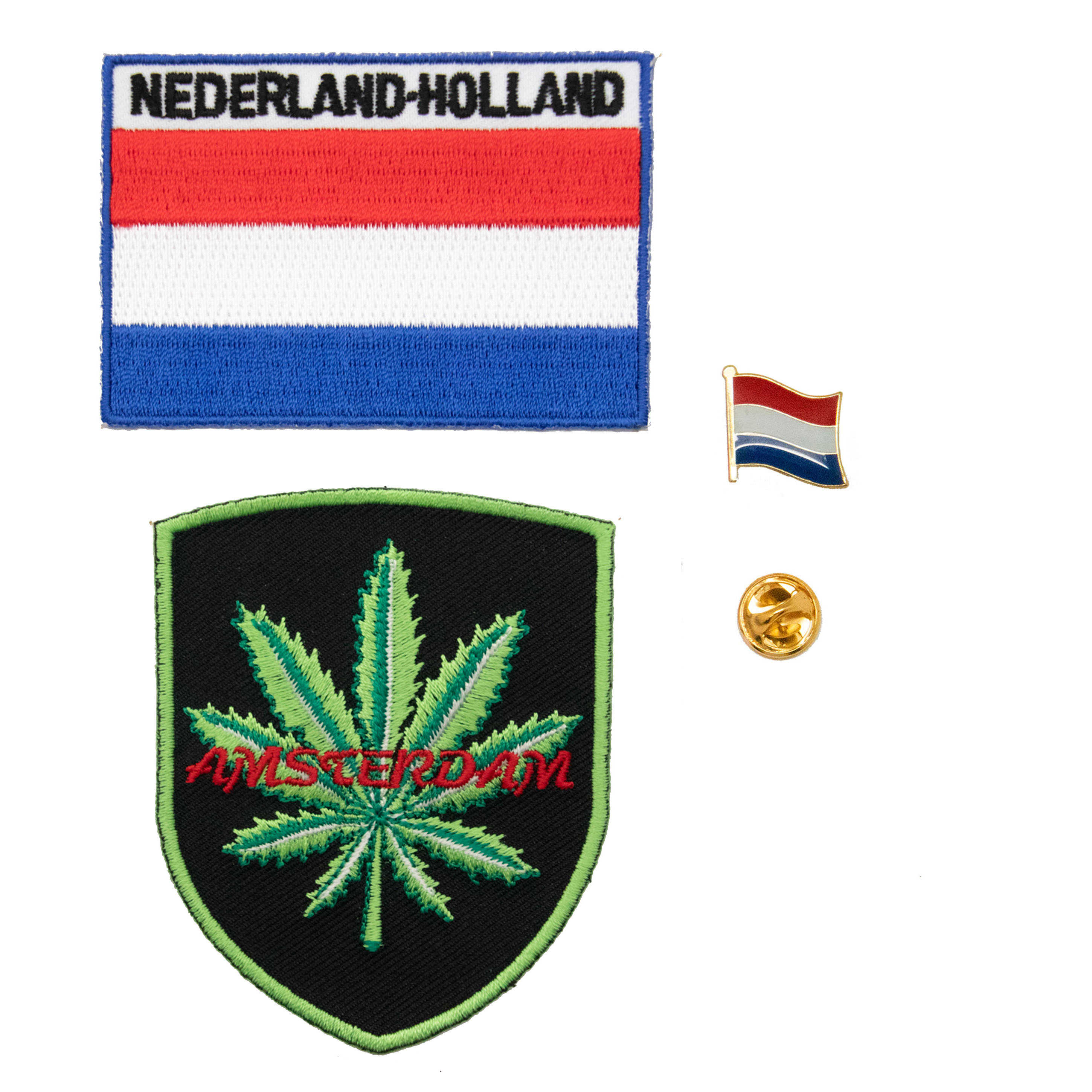 立體繡貼 三件組阿姆斯特丹大麻＋荷蘭國旗刺繡+國旗金屬別針 DIY胸臂章刺繡燙布貼
