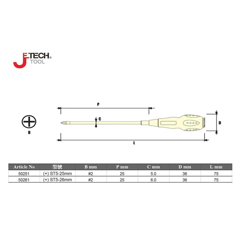 【JETECH】軟柄大頭起子 十字型 6㎜×1\"-GC-ST6-025(+)-1540 高強度鉻釩鎳鋼刀桿