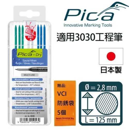 【Pica】細長工程筆 防水筆芯8入-藍綠白(吊卡) 4040/SB 2.8mm筆芯 已削尖