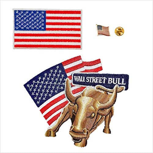 美國華爾街+ 美國國旗+別針 3件組 刺繡徽章 胸章 立體繡貼 裝飾貼 繡片貼 燙布貼紙