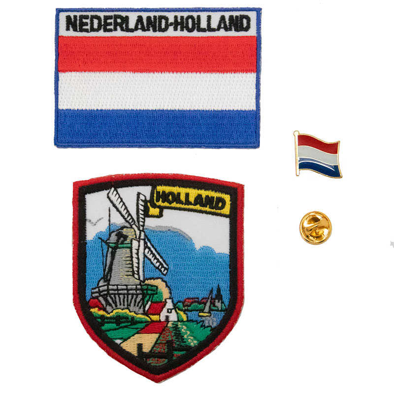 臂章補丁燙布貼 三件組風車村桑斯安斯地標＋荷蘭國旗刺繡+徽章別針 裝飾布貼 補破洞
