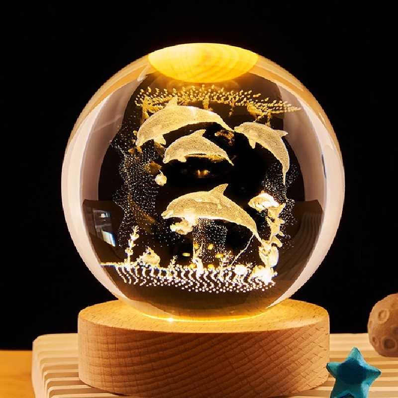 【All Splendid】大海馬 3D雕刻水晶球 發光水晶球 小夜燈 LED木底座 臥室燈 生日禮物 聖誕節
